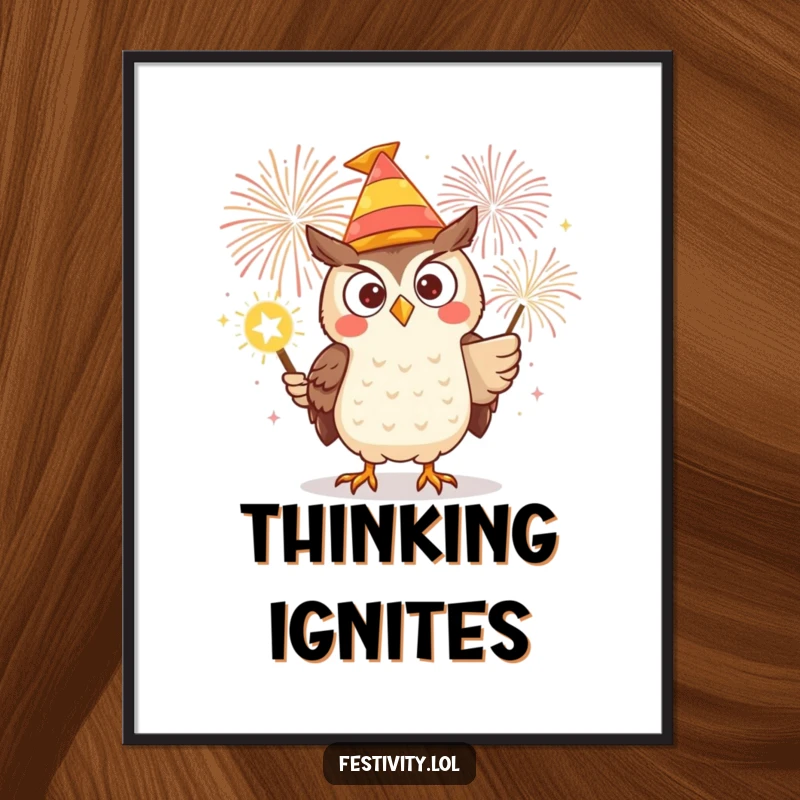 Funny poster art of a determined owl in a silly hat, lighting a large firework, creating a scene of impending spectacular fun.
