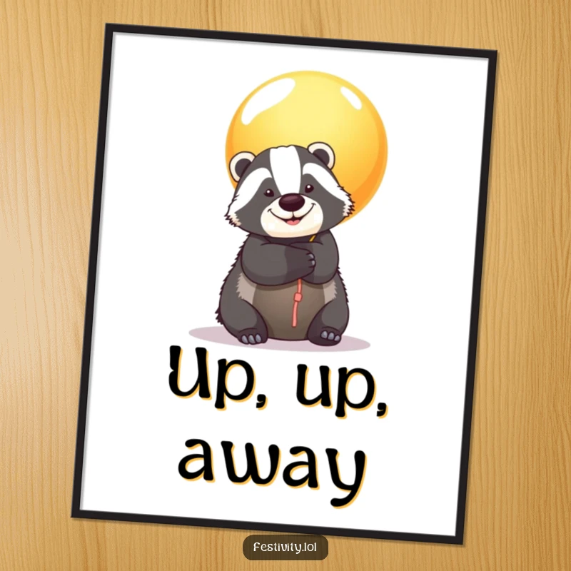 Funny Badger Balloon Poster: A smiling badger embraces a giant colorful balloon, creating a heartwarming and humorous piece of wall art.
