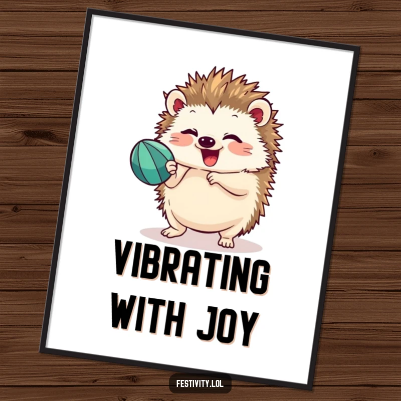 Funny hedgehog shaking a maraca with focused delight, printed as a vibrant poster to bring festive cheer to any wall.