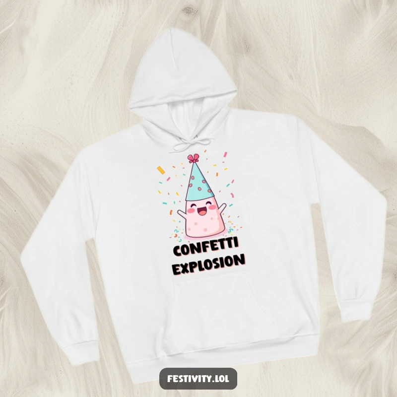 Funny party hat tossing confetti, a humorous and cozy hoodie perfect for festive occasions.