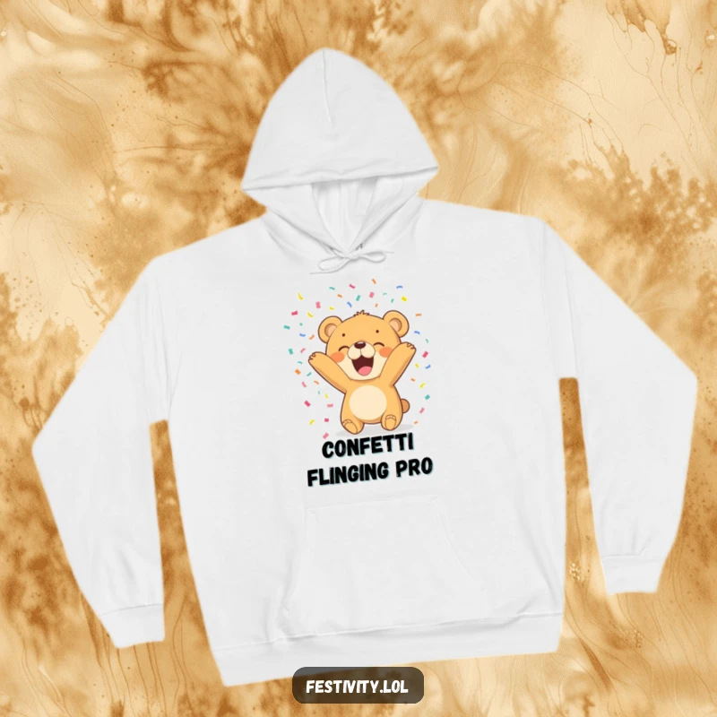Funny Bear Cub Hoodie shows a joyous cub showering colorful confetti, perfect for cozy and cheerful moments.