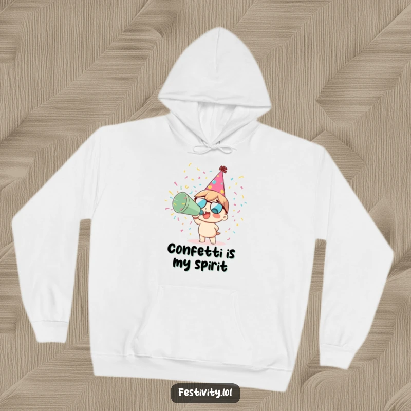 Funny delighted character in a party hat launching a giant confetti cannon on a warm hoodie.