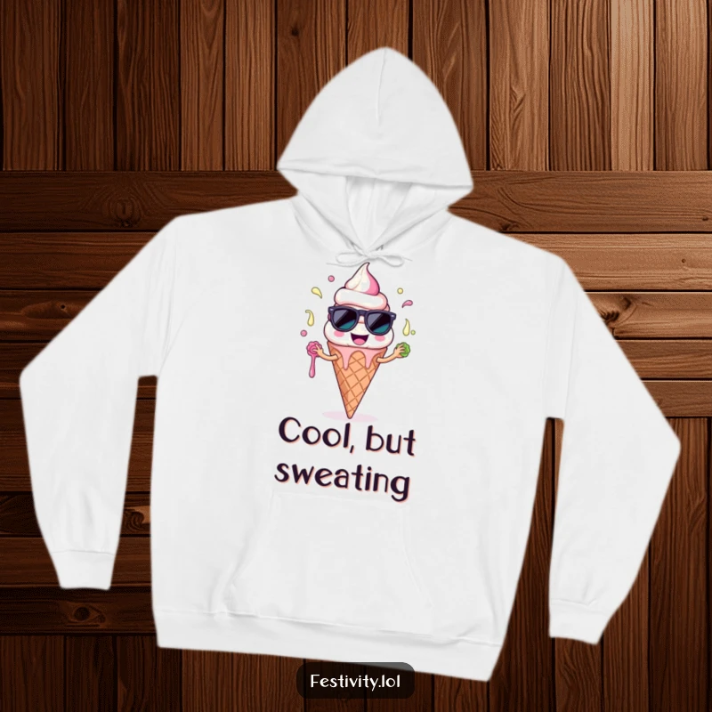 Funny Ice Cream Cone Hoodie: A smiling ice cream character with sunglasses comically juggling melting scoops, offering comfort and cool humor.
