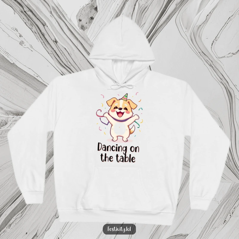 Funny Dog Hoodie: A happy dog is caught mid-dance, wrapped in streamers, offering humorous warmth and cheer.