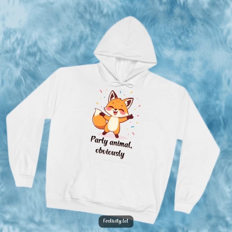 Funny hoodie depicting a fox dancing joyfully, showered by colorful confetti, perfect for spreading good vibes and warmth.