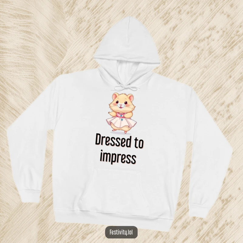 Funny, fluffy hamster wearing a tiny party dress and twirling happily, a humorous and cozy design for a hoodie.