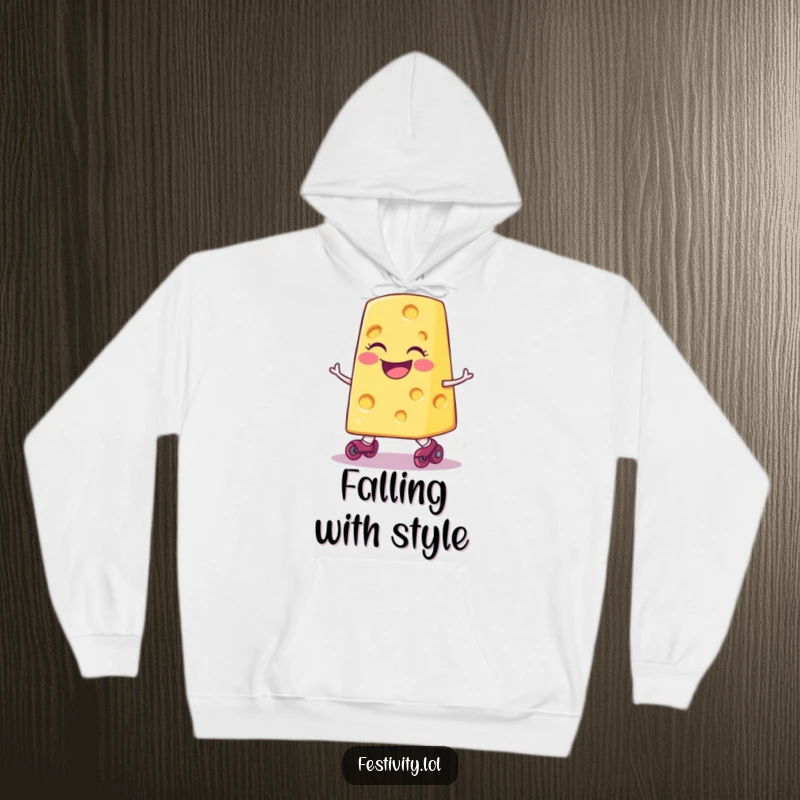 Funny smiling slice of cheese wearing tiny roller skates, comically tripping, featured on a warm and humorous hoodie.