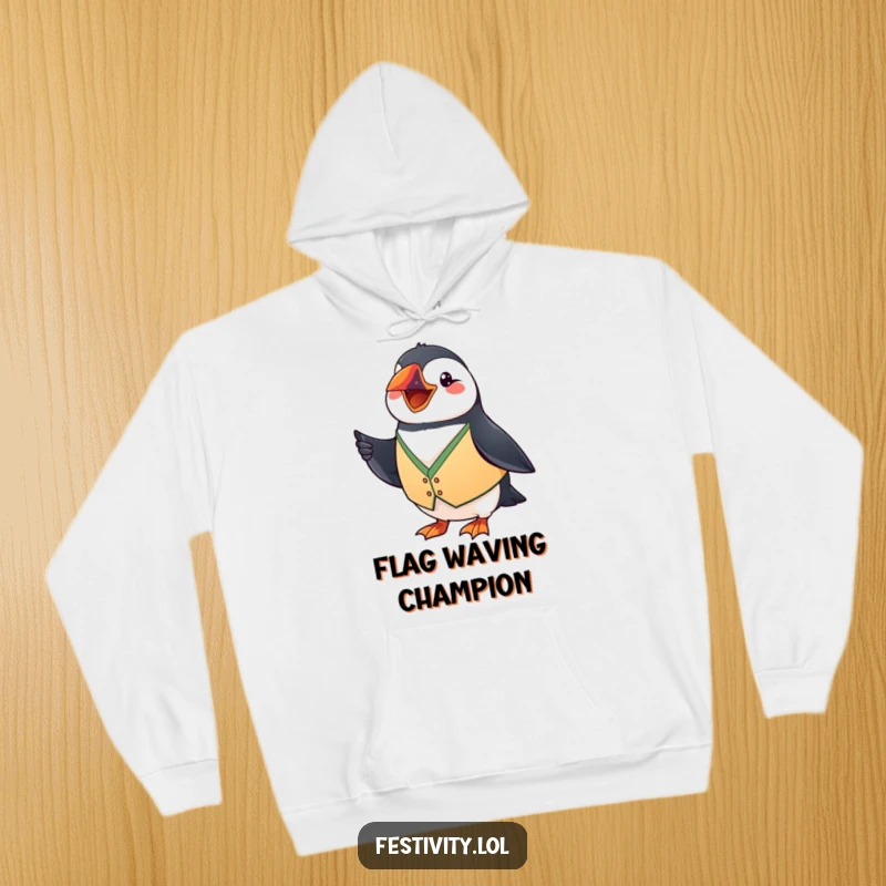 Funny Puffin Hoodie: A grinning puffin in a festive vest waves a tiny flag, offering humorous warmth and celebration.