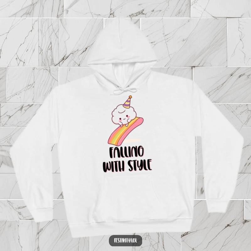 Funny Cloud Party Hoodie: A smiling cloud character in a party hat comically tripping on a rainbow slide, offering comfort and whimsical humor.