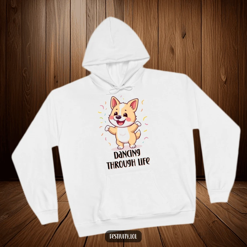 Funny hoodie with a happy dog dancing joyfully, wrapped in colorful streamers, cozy and humorous design.
