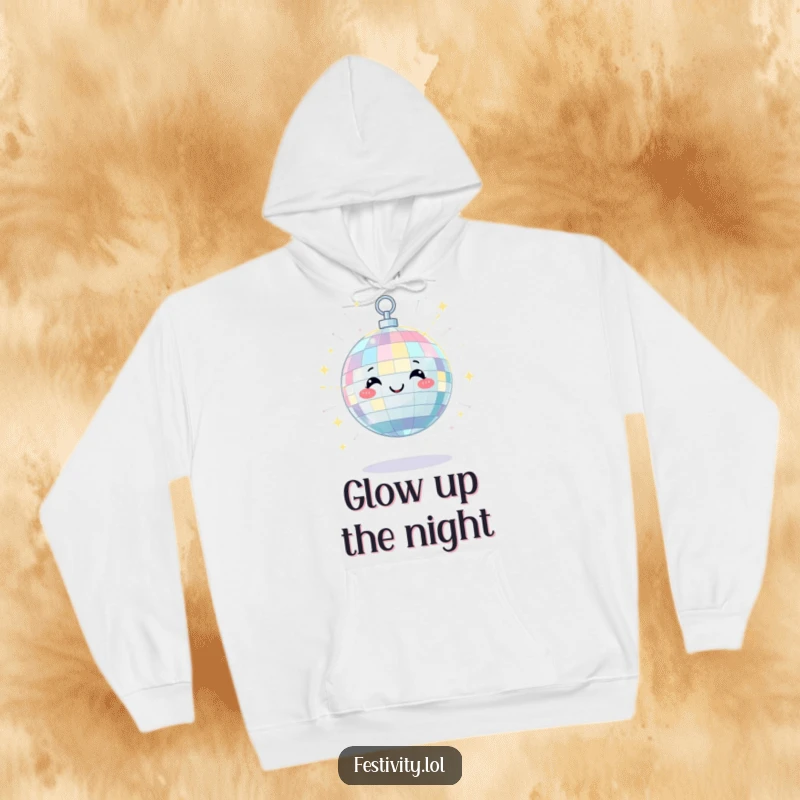 Funny hoodie with a satisfied disco ball character scattering cheerful beams of light with a happy twinkle, radiating cozy energy.