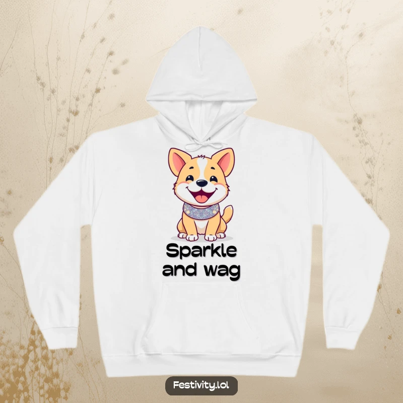 Funny hoodie: A smiling dog in a glittering collar, tail wagging furiously, embodying pure, cozy celebration.