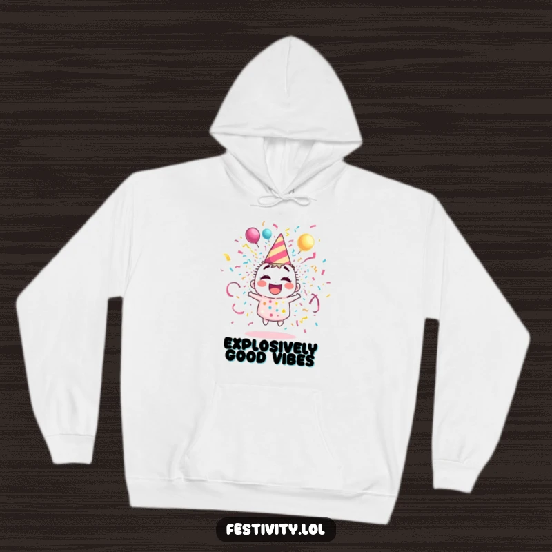 Funny hoodie with a giggling party popper character bursting with vibrant streamers and confetti, radiating happiness and fun.