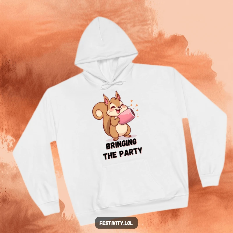 Funny hoodie with a delighted squirrel holding a large party popper, ready to burst with confetti, cozy and humorous.