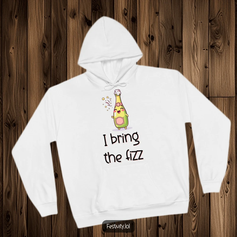 Funny cheerful champagne bottle character spraying bubbly foam on a cozy, celebratory hoodie.