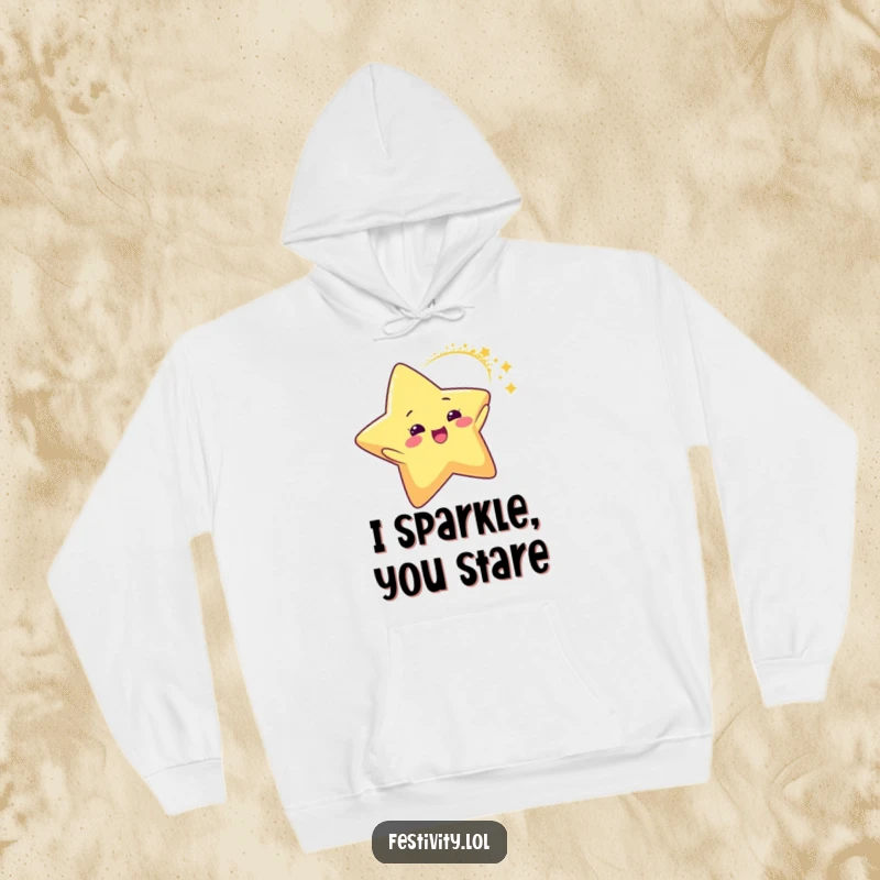 Funny Star Glitter Arc Hoodie featuring a delighted star character leaving a shimmering trail of glitter in an arc, perfect for cozy nights.