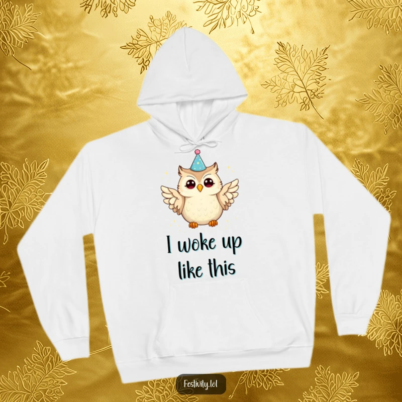 Funny owl hoodie featuring a joyful owl with a party hat spilling glitter from its wings, a cozy and humorous apparel choice.