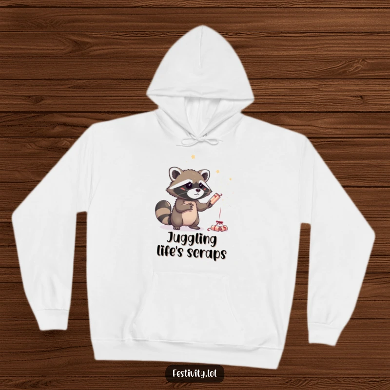 Funny raccoon wearing a hoodie, attempting to juggle sparkling party crackers, perfect for cozy, humorous, and festive occasions.