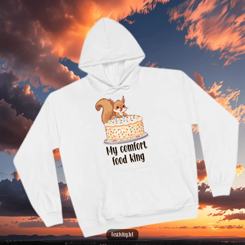 Funny hoodie with a happy squirrel decorating a large cake with oversized sprinkles, perfect for cozy, baking-themed fun.