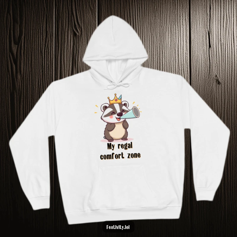 Funny hoodie with a delighted badger wearing a silly crown and blowing a large party horn, ideal for cozy, festive wear.