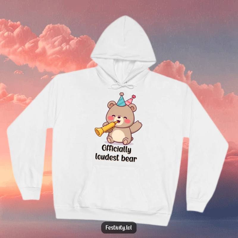 Funny hoodie depicting a gleeful bear in a party hat, blowing a big trumpet, embodying a loud and happy celebration vibe.
