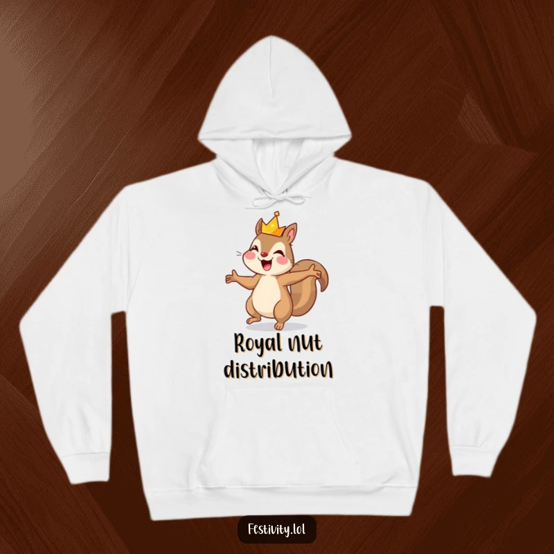 Funny hoodie featuring a joyful squirrel dancing under a tiny crown, offering cozy comfort and hilarious royal vibes.