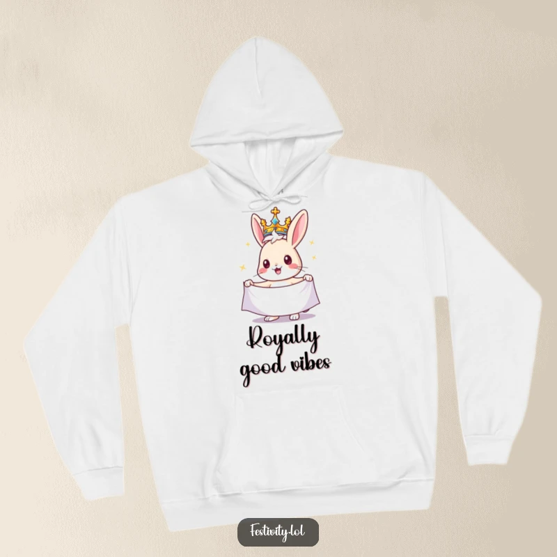 Funny rabbit hoodie featuring a cheerful rabbit wearing a crown and holding a sparkling banner, perfect for cozy, regal days.