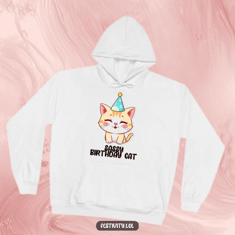 Funny Cat Birthday Hoodie: A cheerful cat winks in a silly hat, providing cozy warmth and a touch of humorous celebration.