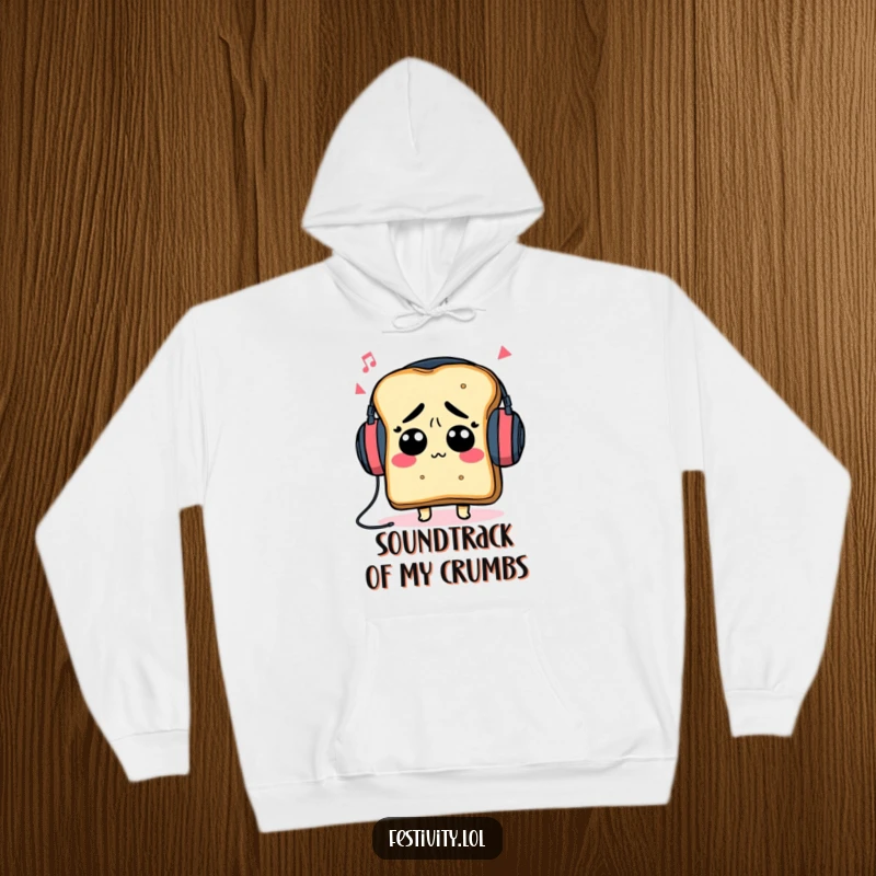 Funny confused toast wearing large headphones, lost in thought and music, printed on a cozy funny hoodie.