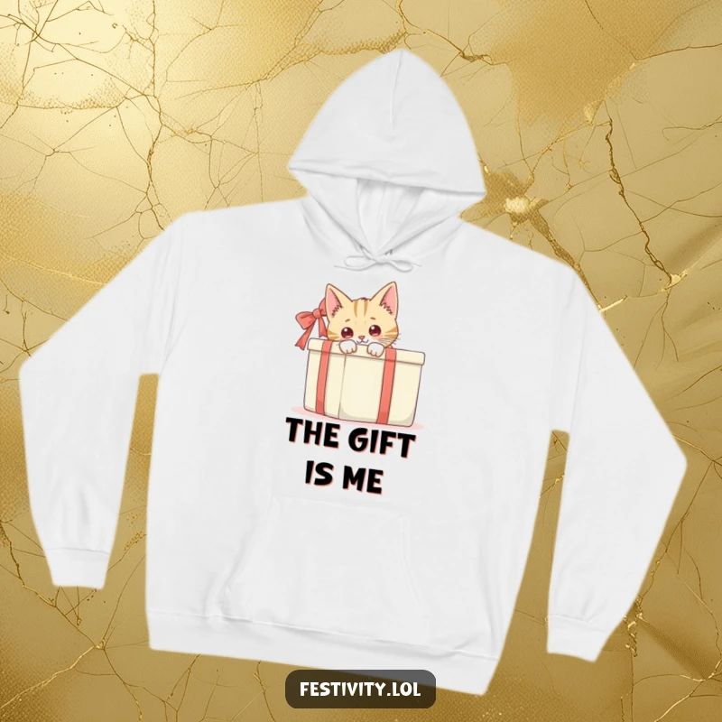 Funny cat peeking from behind a large gift box, a humorous and cozy design for a comfortable hoodie.