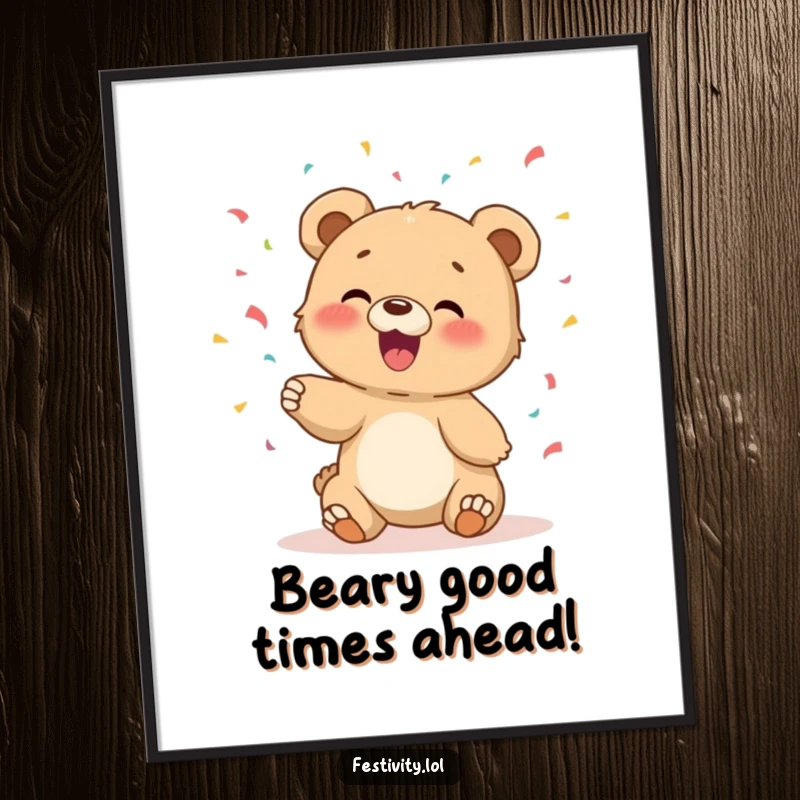 Funny free printable wall art showcasing a giggling bear cub gleefully tossing a vibrant explosion of confetti, radiating pure delight.