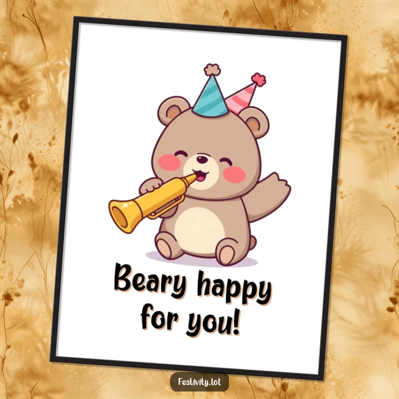 Funny Free Printable Wall Art of a bear in a party hat, energetically blowing a trumpet with musical notes and confetti.