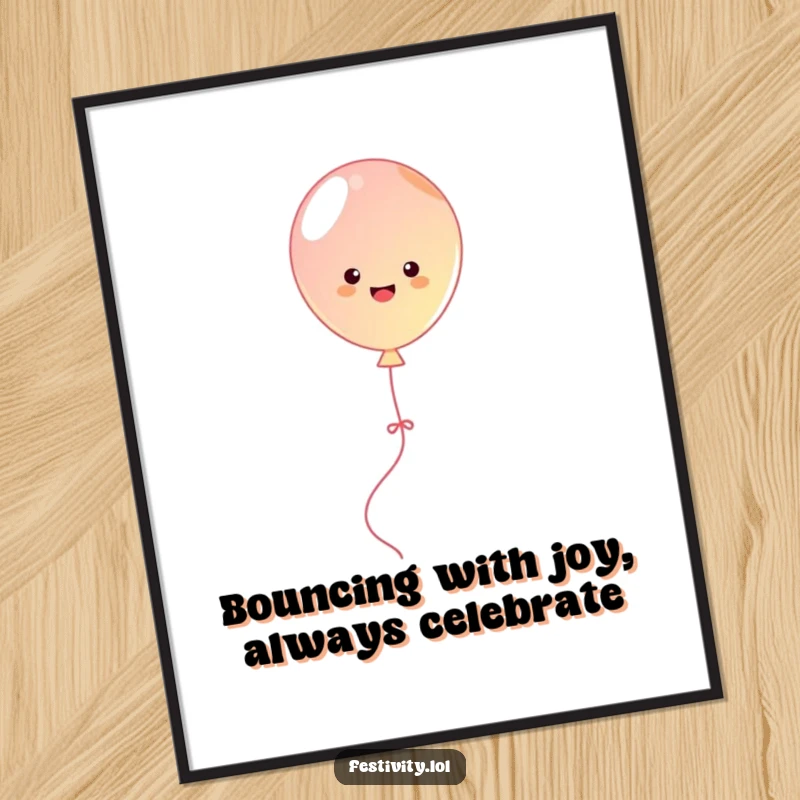 Funny Free Printable Wall Art: A cute balloon joyfully bounces, trailing streamers. A whimsical, humorous downloadable art piece.