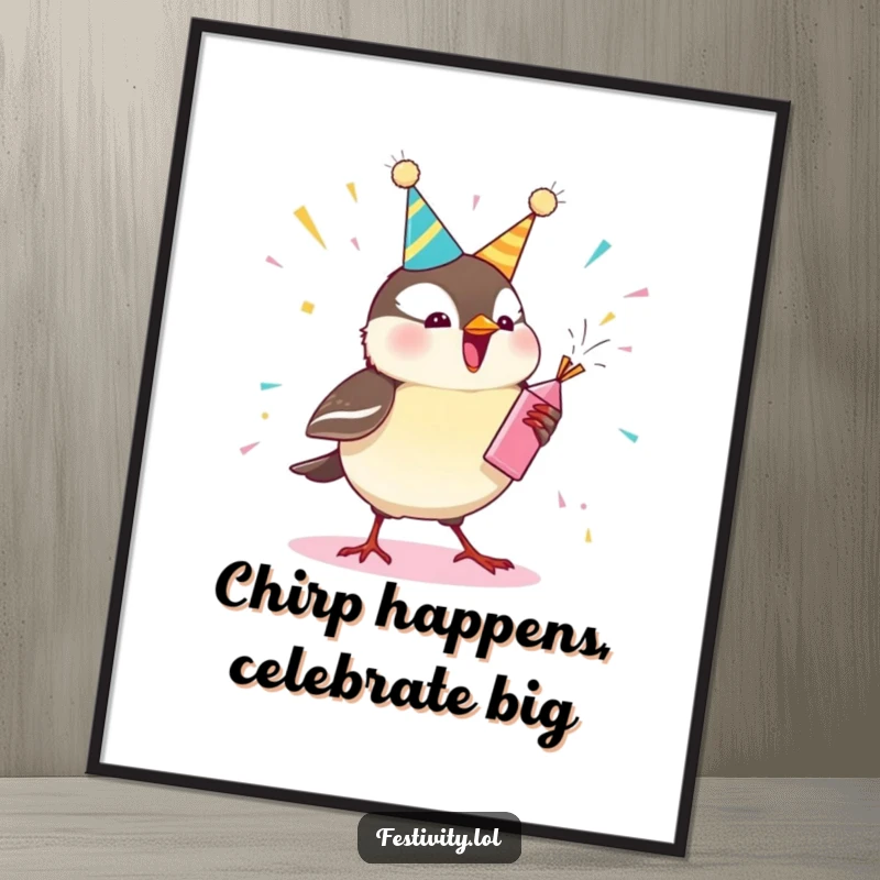 Funny Free Printable Wall Art: A giggling chickadee joyfully detonates a party popper, creating a festive confetti shower.