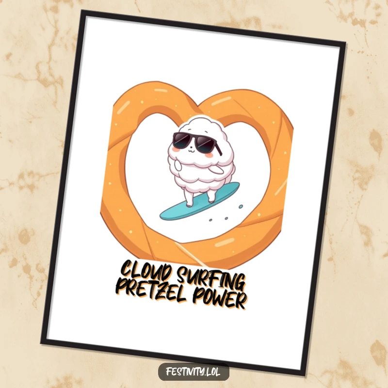Funny Free Printable Wall Art: A fluffy cloud with sunglasses stylishly surfing on a giant pretzel.