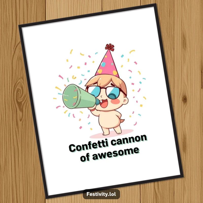 Funny Free Printable Wall Art: Character in party hat blowing a giant confetti cannon, pure unadulterated joy.