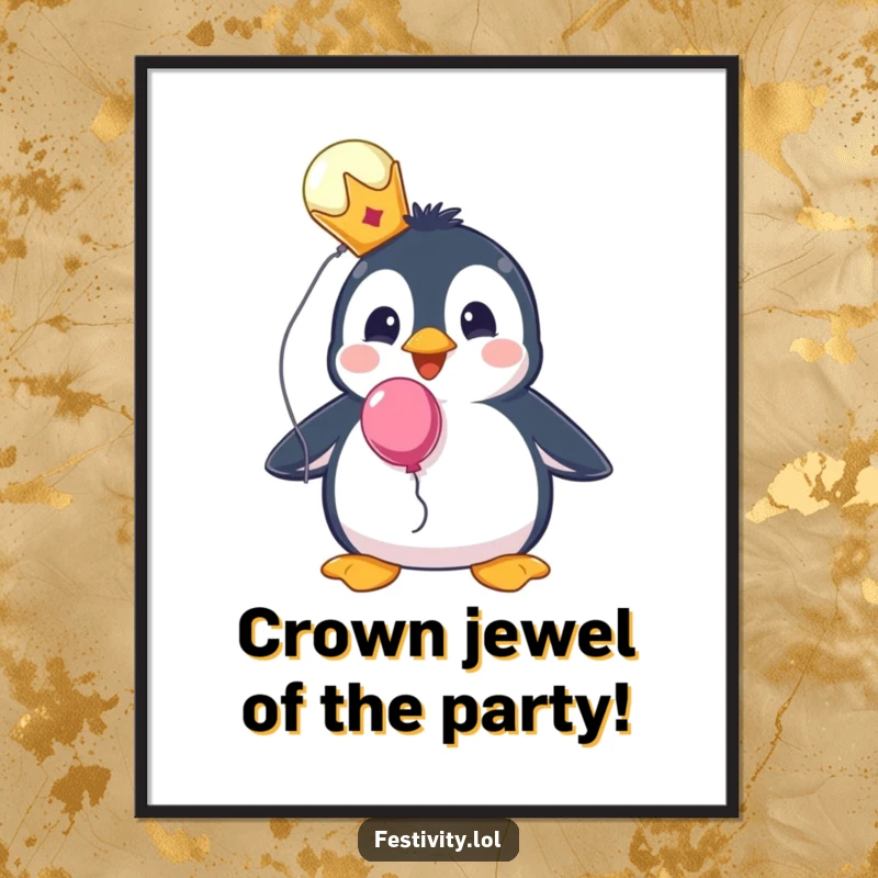 Funny free printable wall art of a surprised penguin wearing a miniature crown, clutching a brightly colored balloon with wide eyes.