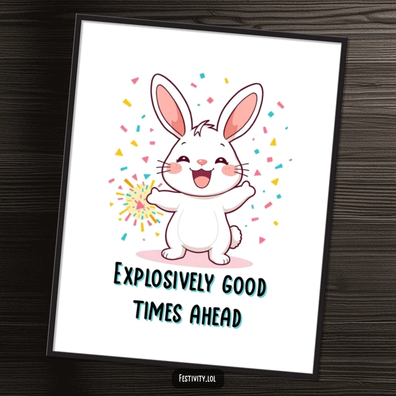 Funny Free Printable wall art: A cheerful bunny with a huge smile, launching a massive confetti bomb in a celebratory explosion.
