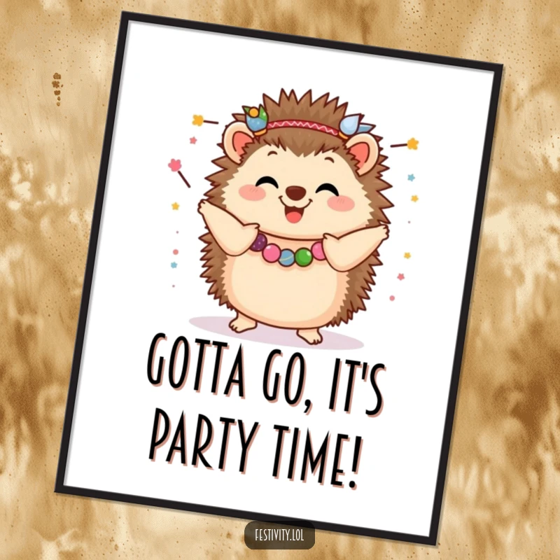 Funny Free Printable Wall Art: A happy hedgehog adorned with festive garlands, dancing with pure glee.