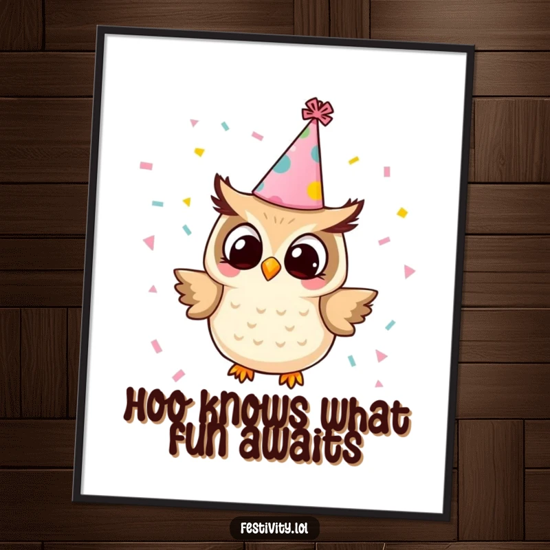 Funny Free Printable Wall Art: A cheerful owl in a party hat, scattering confetti, playful decor.