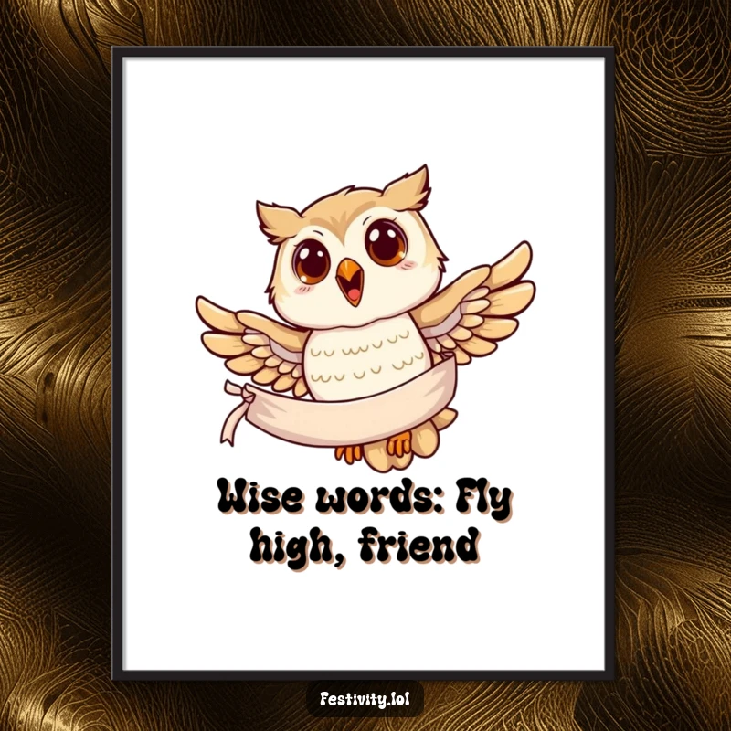 Funny Free Printable Wall Art: A joyful owl soars majestically with a banner, embodying wisdom and flight.