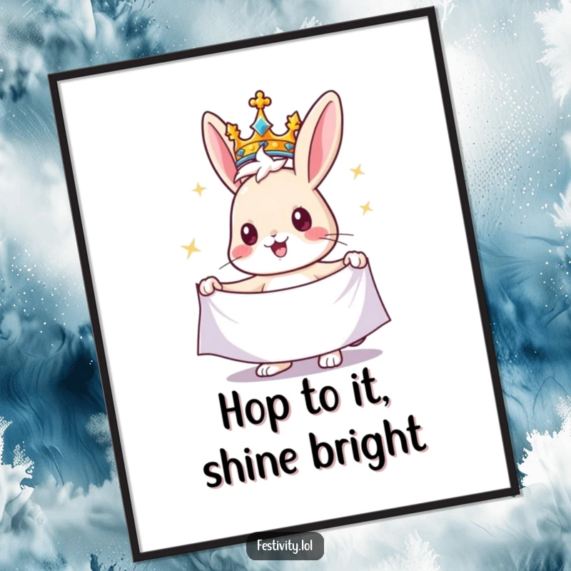 Funny Free Printable Wall Art: A cheerful rabbit wearing a crown, holding a giant sparkling banner, regal art.