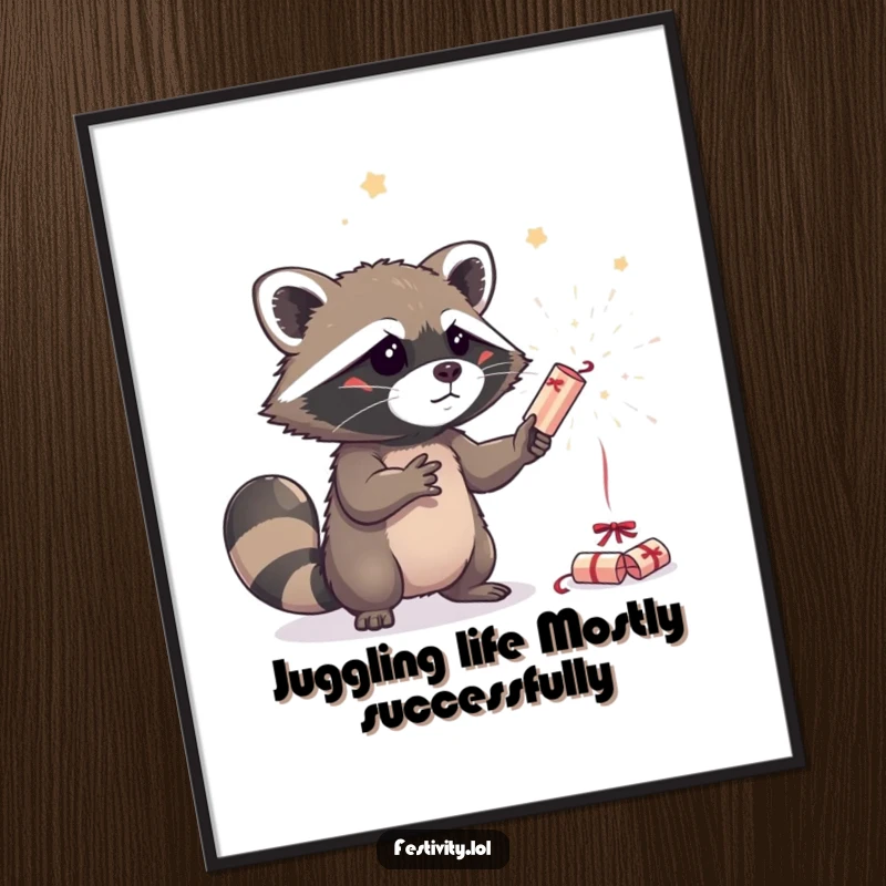Funny Free Printable Wall Art: A curious raccoon attempting to juggle three sparkling party crackers with mischievous glee.