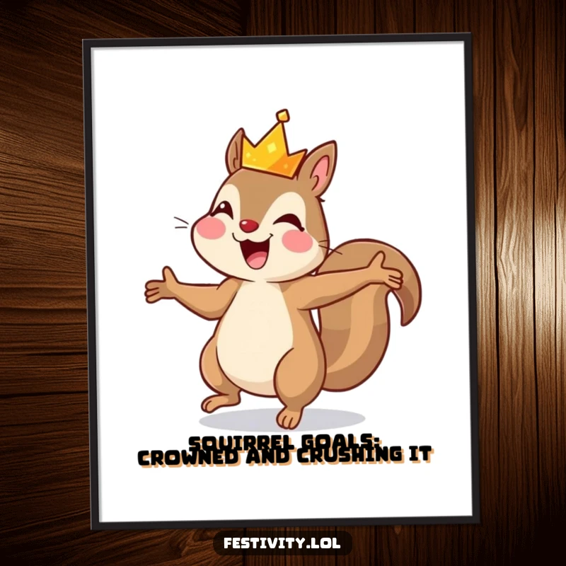 Funny Free Printable wall art, a joyful squirrel wearing a tiny sparkling crown, mid-dance, bringing celebratory vibes home.
