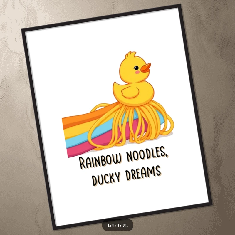 Funny Free Printable Wall Art: A joyful rubber ducky sliding down a colorful rainbow made of spaghetti.