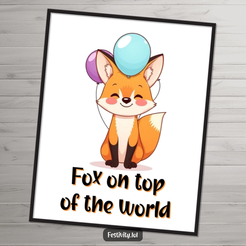 Funny free printable wall art of a happy fox balancing a stack of balloons on its nose, adding playful humor to decor.