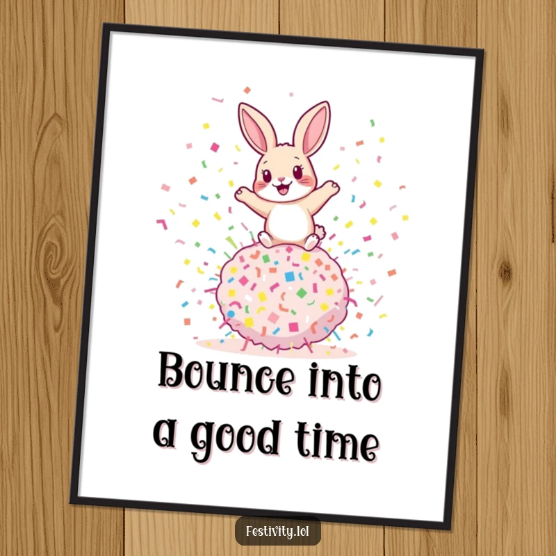 Funny free printable wall art of a playful rabbit bouncing on a giant confetti bomb, adding explosive humor and fun to decor.