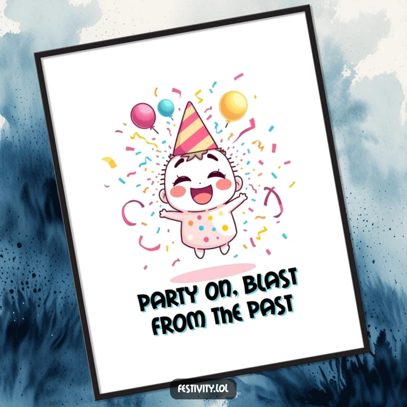 Funny Free Printable Wall Art: A giggling party popper character exploding joyfully with vibrant streamers and confetti, bringing celebratory vibes.