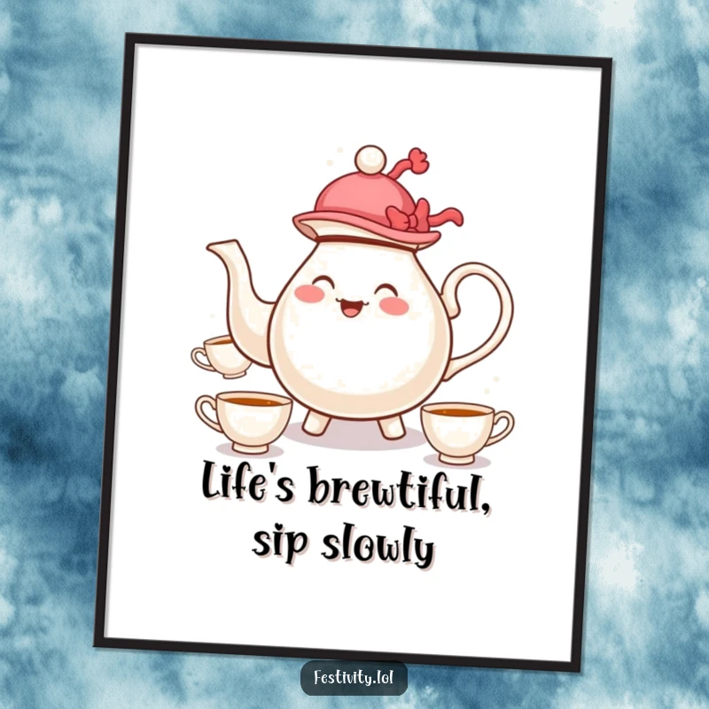Funny Free Printable Wall Art: A teapot wearing a tiny hat merrily juggles teacups, radiating whimsical joy.