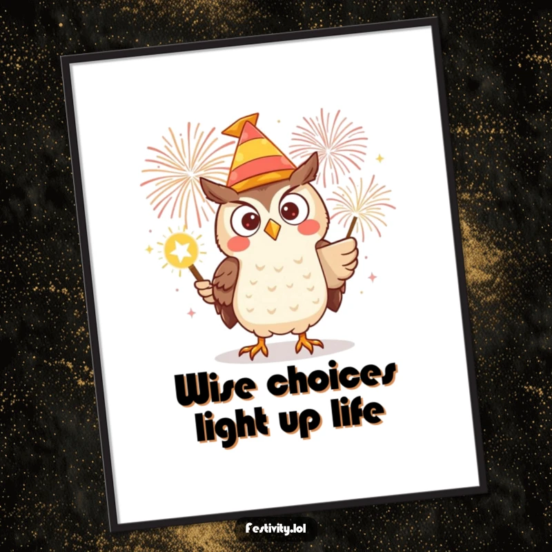 Funny Free Printable Wall Art of a determined owl in a silly hat, actively lighting a gigantic, colorful firework.